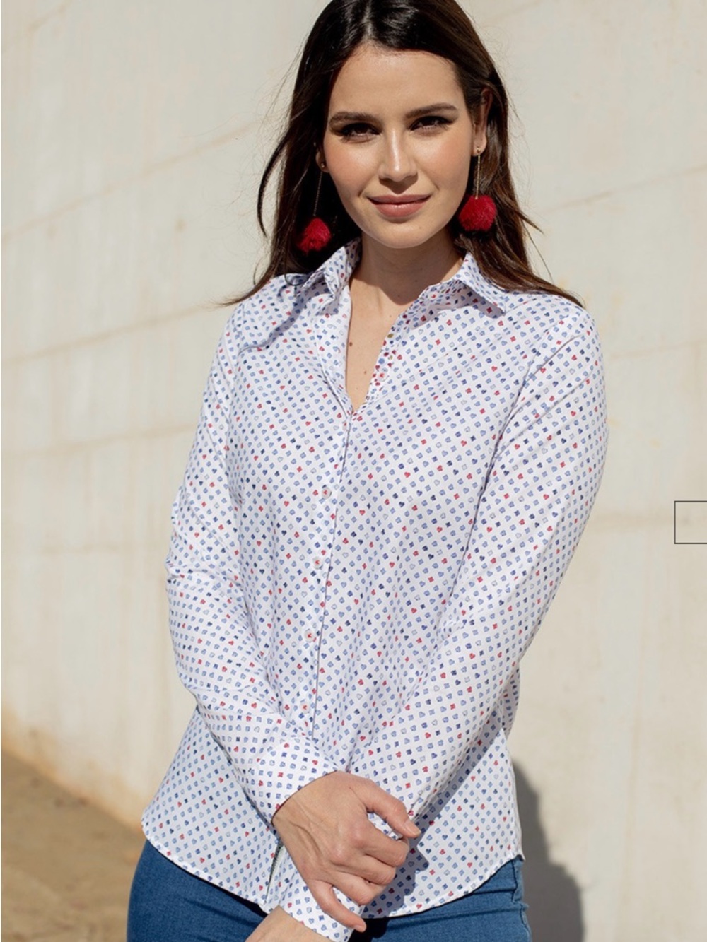 White Button-Down Shirt with Red & Blue Micro Print